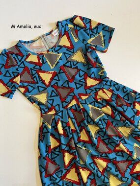 Medium Lularoe Amelia zip back dress, blue with multicolored triangles